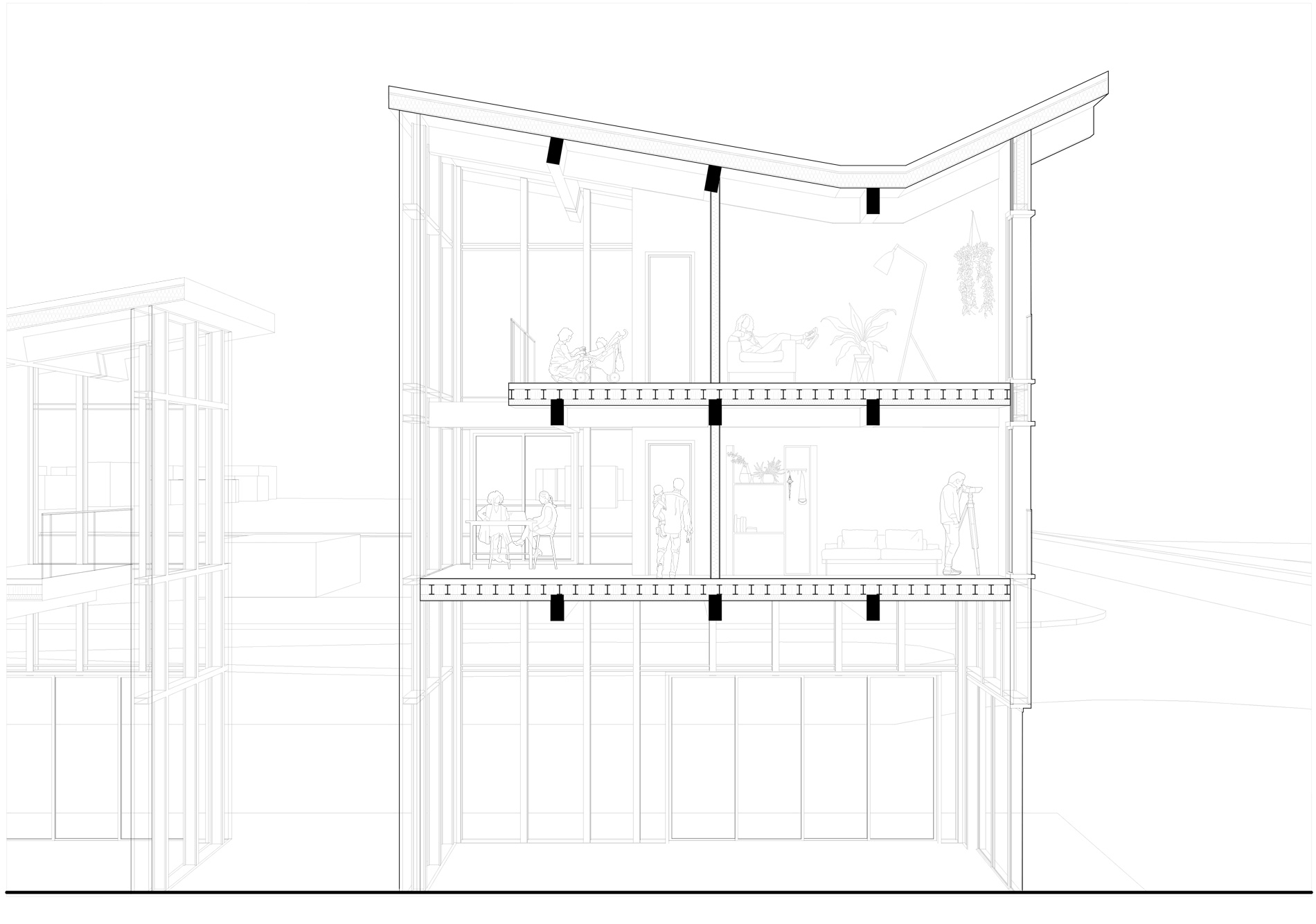 Coupe perspective projet d'un centre de recherche et de logements à dunkerque