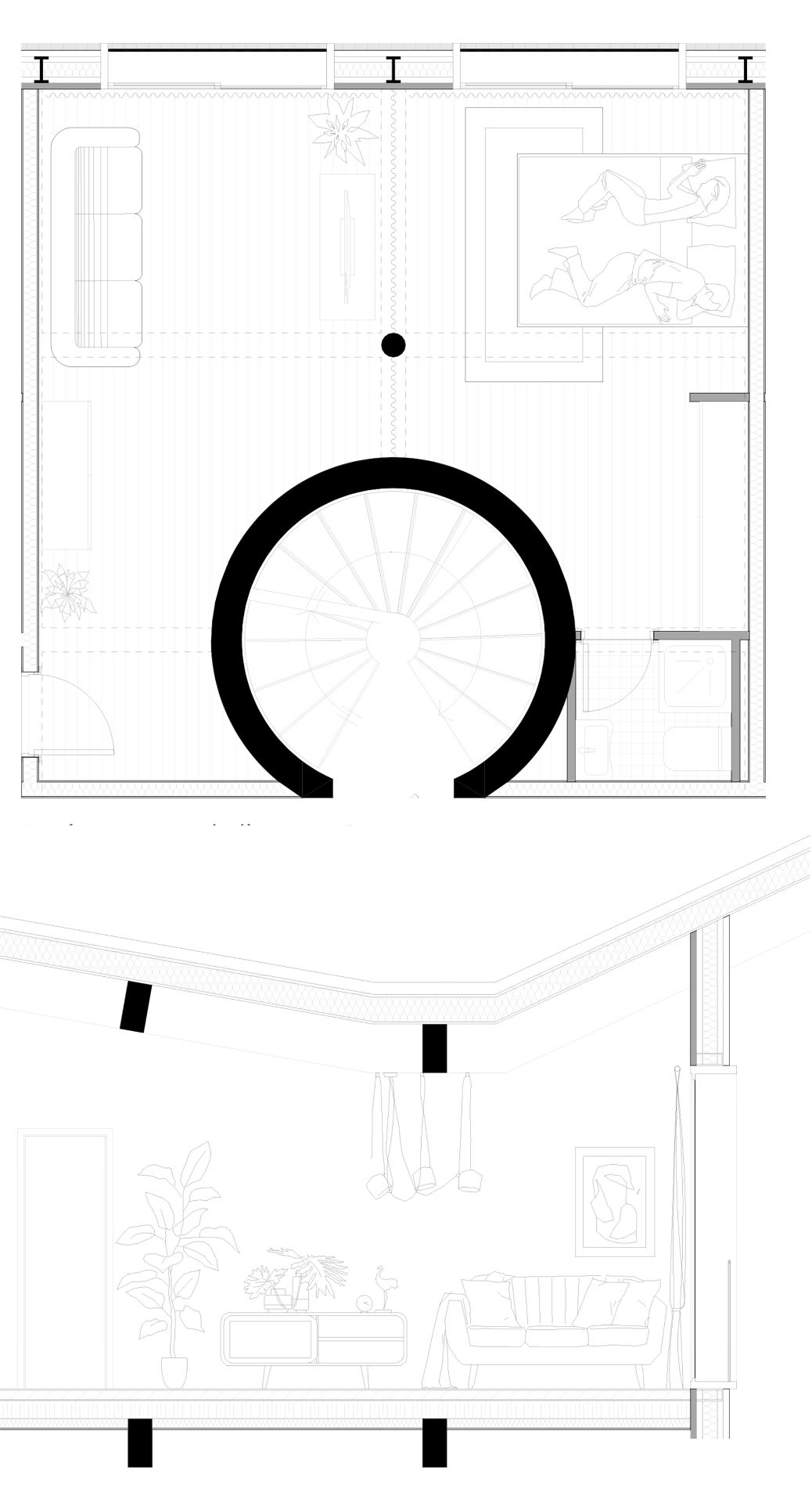 Plan et coupe typologie projet d'un centre de recherche et de logements à dunkerque