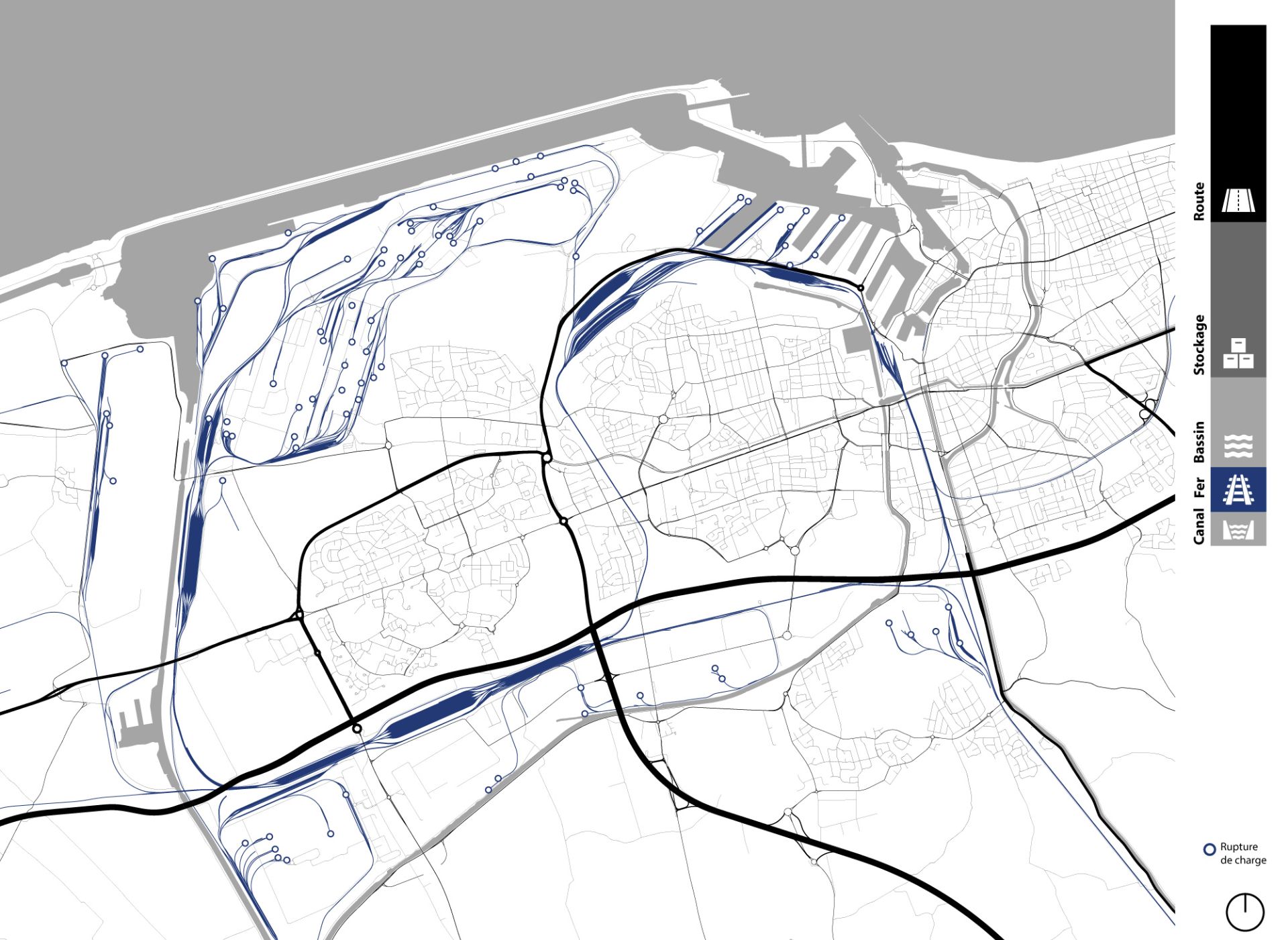 Carte des lignes et des points de la logistique à Dunkerque