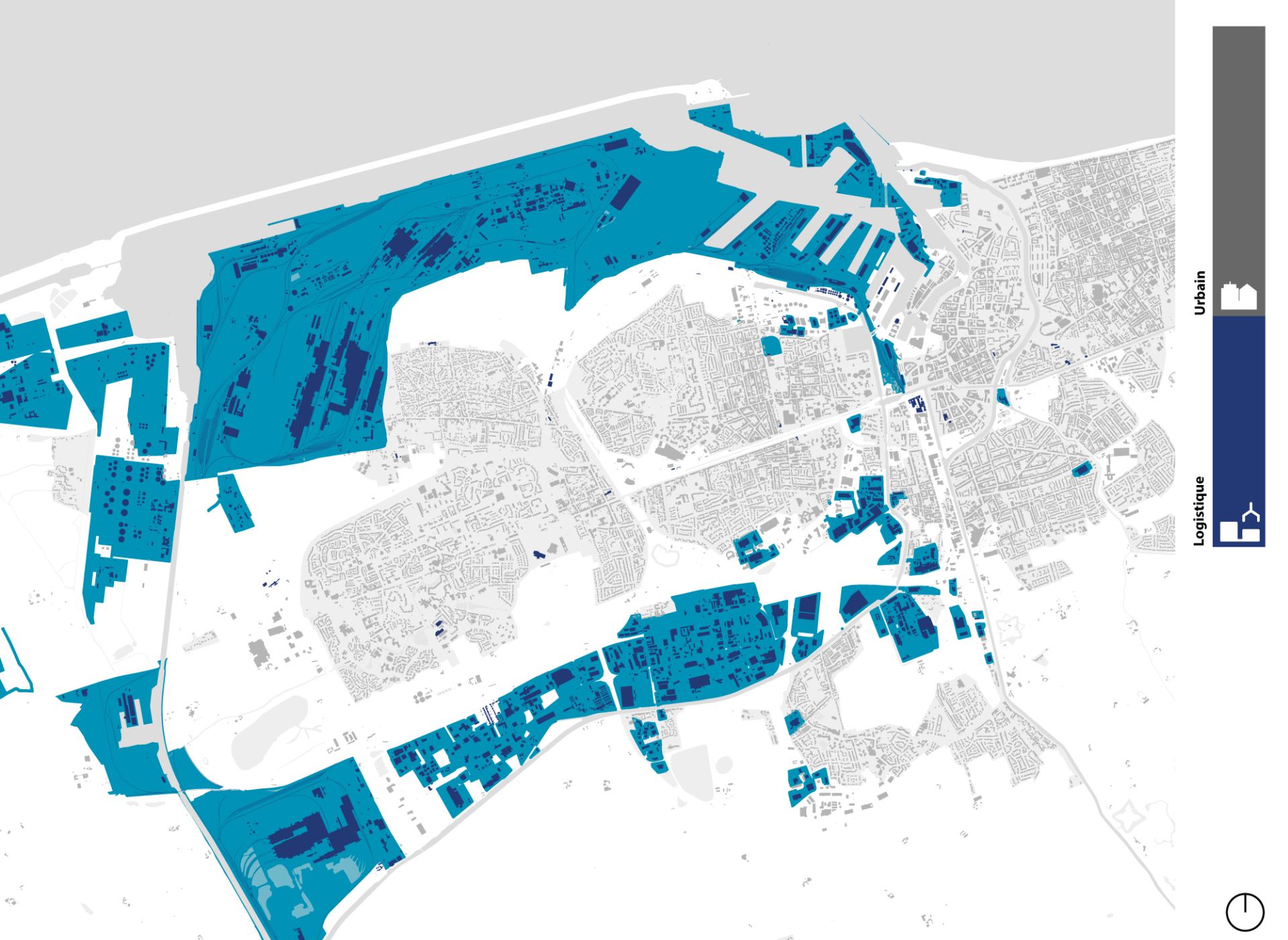 Carte de l’emprise de la logistique par rapport à la ville à Dunkerque