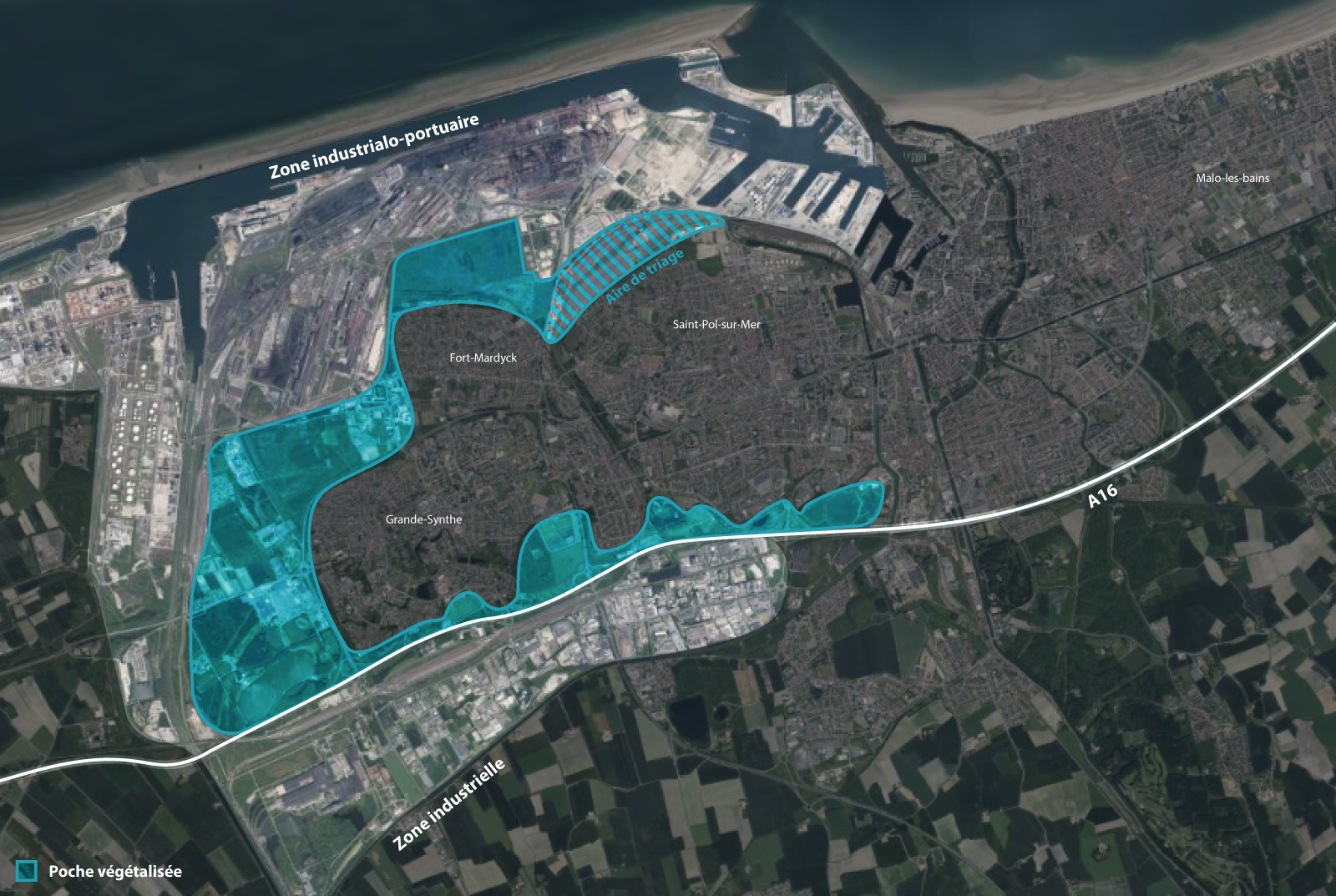 Vue aérienne de Dunkerque d'une ceinture végétale entre les zones industrielles et la ville
